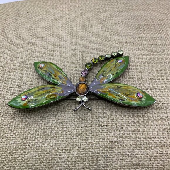 Dragonfly Enamel Multi Colored Rhinestone Gun Metal Brooch Pin - Picture 5 of 8